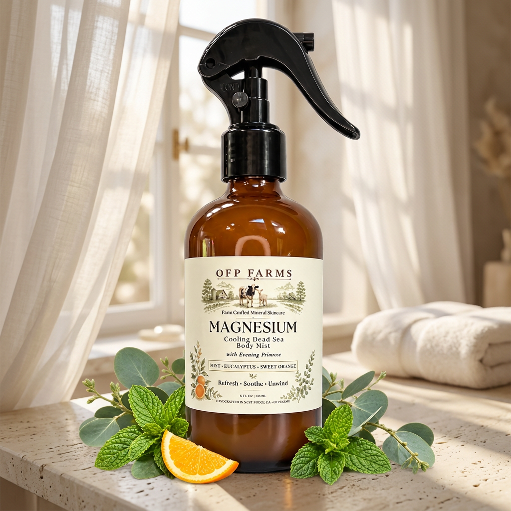 8 oz magnesium spray in a sunlit spa setting with white sheer curtains