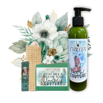 Small Farm Big Love, Mini Farm Bundle: SPRING One Goat Milk and Tallow Soap, 1 Full Size Lotion, 1 Lip Balm, 1 Soap Sack