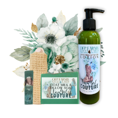 Small Farm Big Love, Mini Farm Bundle: SPRING One Goat Milk and Tallow Soap, 1 Full Size Lotion, 1 Lip Balm, 1 Soap Sack