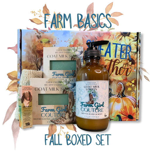 Farm Basics - Boxed Set -SPRING | 2 Goat Milk and Tallow Soaps, 1 Full Size Lotion, 1 Lip Balm, 1 Soap Sack