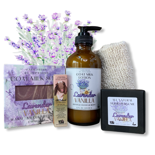 Farm Box Gift Set - Spring | 1 Goat Milk Tallow Soap | 1 Full Size Lotion | 1 Solid Perfume | 1 Lip Balm | 1 Soap Sack
