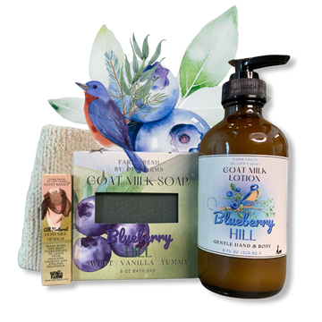 TEMPORARILY SOLD OUT!! Small Farm Big Love, Mini Farm Bundle: SPRING One Goat Milk and Tallow Soap, 1 Full Size Lotion, 1 Lip Balm, 1 Soap Sack
