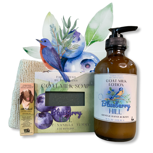 Small Farm Big Love, Mini Farm Bundle: SPRING One Goat Milk and Tallow Soap, 1 Full Size Lotion, 1 Lip Balm, 1 Soap Sack