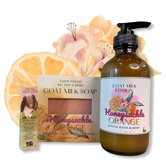 Small Farm Big Love, Mini Farm Bundle: SPRING One Goat Milk and Tallow Soap, 1 Full Size Lotion, 1 Lip Balm, 1 Soap Sack