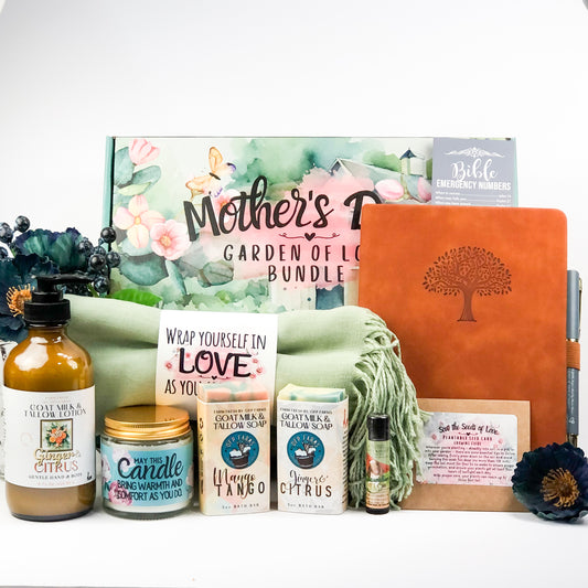 Mother's Day Garden Farm Box, Max Pamper Gift Set - Lotion, Soaps, Lip Balm, Candle, Leather Journal, Shawl