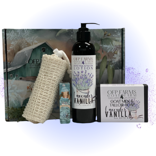 Small Farm Big Love, Mini Farm Bundle: One Goat Milk and Tallow Soap, 1 Full Size Lotion, 1 Lip Balm, 1 Soap Sack