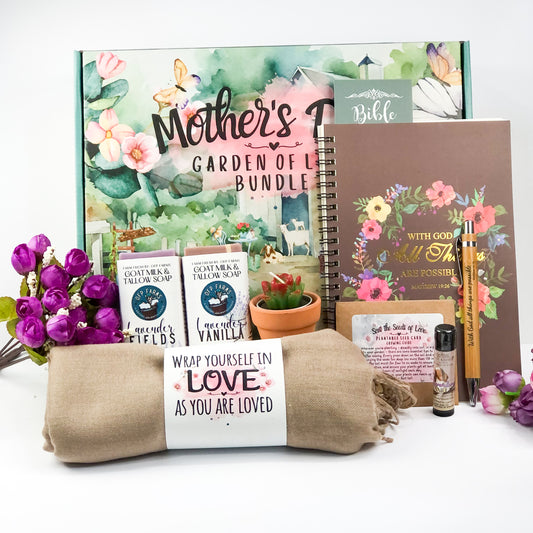 Mother's Day Garden Farm Box, Mini (BIG LOVE) Gift Set - 2 Soaps, 1 Lip Balm, 1 Garden Candle, 1 Journal, 1 Pen, 1 Lightweight Shawl