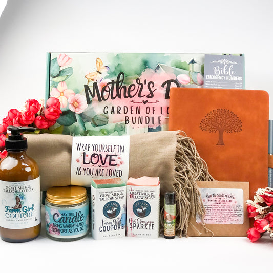 Mother's Day Garden Farm Box, Max Pamper Gift Set - Lotion, Soaps, Lip Balm, Candle, Leather Journal, Shawl