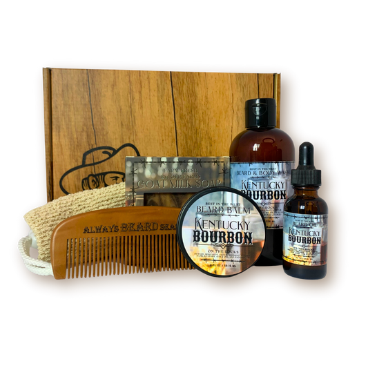 Men's Beard and Bath Boxed Gift Set | 1 Beard and Body Wash, 1 Full Size Soap Bar, 1 Beard Oil, 1 Beard Balm, 1 Beard Comb, 1 Soap Sack