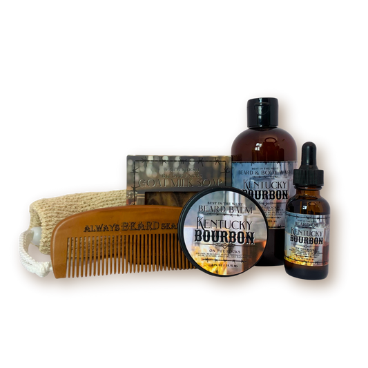 Men's Beard and Bath Boxed Gift Set | 1 Beard and Body Wash, 1 Full Size Soap Bar, 1 Beard Oil, 1 Beard Balm, 1 Beard Comb, 1 Soap Sack