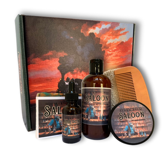#1 Selling - Men's Beard and Bath Boxed Gift Set | 1 Beard and Body Wash, 1 Full Size Soap Bar, 1 Beard Oil, 1 Beard Balm, 1 Beard Comb, 1 Soap Sack