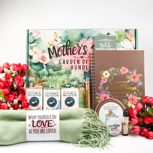 Mother's Day Garden Farm Box, Gift Set -Middy Garden Box - Soothing Salve, 3 Soaps, Travel Candle, Lip Balm, Journal, Pen, Lightweight Shawl