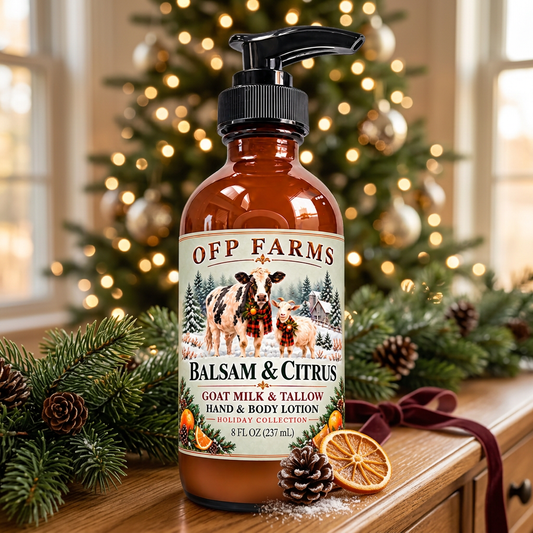 Balsam and Citrus lotion in a cozy Christmas setting