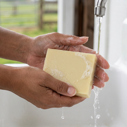 Buck Naked soap outdoor in-use draft with women's hands