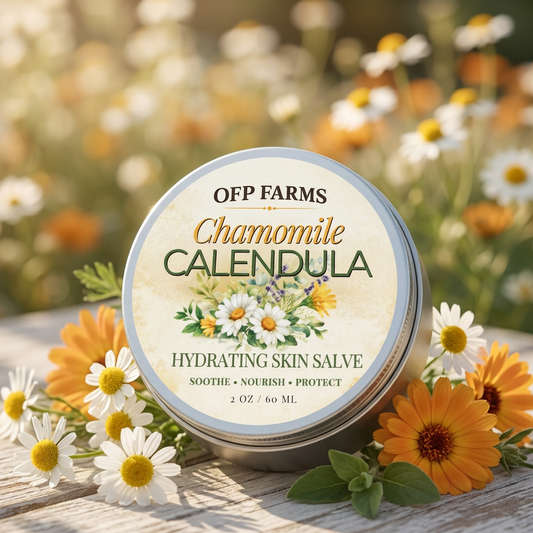 Chamomile and Calendula salve tin with fresh flowers in a sunlit herbal garden