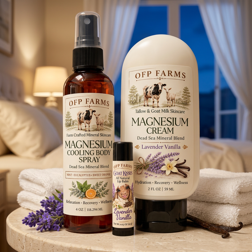 Deep Sleep Magnesium Kit in a cozy evening bedside spa setting