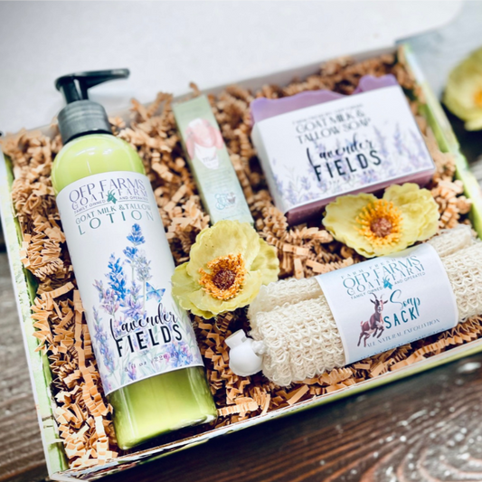 Small Farm Big Love, Mini Farm Bundle: SPRING One Goat Milk and Tallow Soap, 1 Full Size Lotion, 1 Lip Balm, 1 Soap Sack