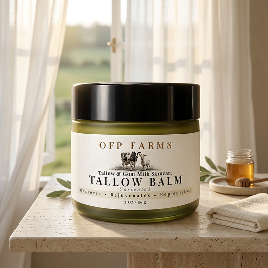 Grass-fed tallow balm in a sunlit farmhouse spa setting