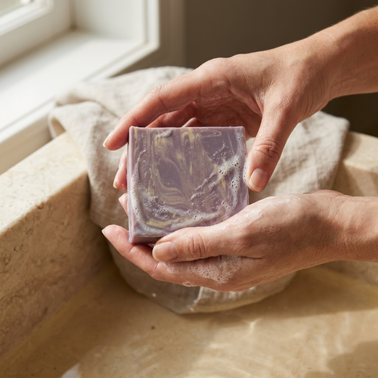 Hands lathering a lavender-and-cream marbled Lavender & Vanilla soap bar over a warm stone basin.