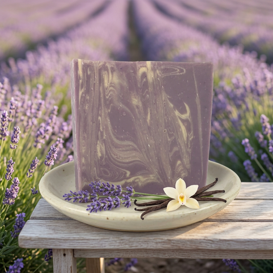 Lavender and Vanilla soap with lavender stems and vanilla pods at its base in a lavender field