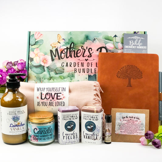 Mother's Day Garden Farm Box, Max Pamper Gift Set - Lotion, Soaps, Lip Balm, Candle, Leather Journal, Shawl