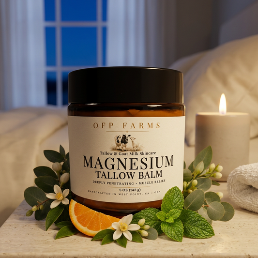 Magnesium nighttime body balm in a cozy evening spa setting