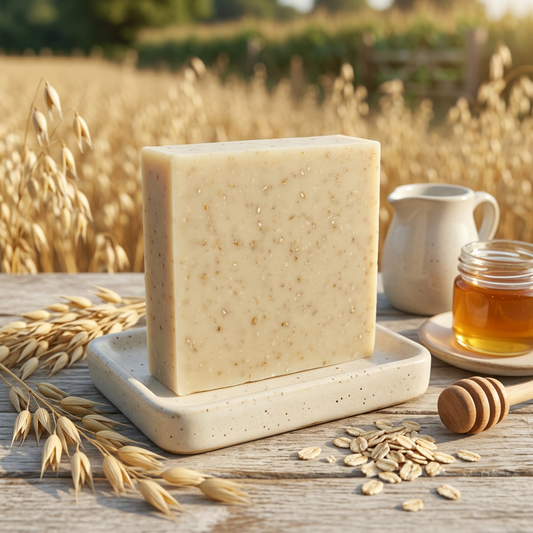 Oat Milk N’ Honey soap with oats, a honey jar, and a milk pitcher beside a sunlit oat field